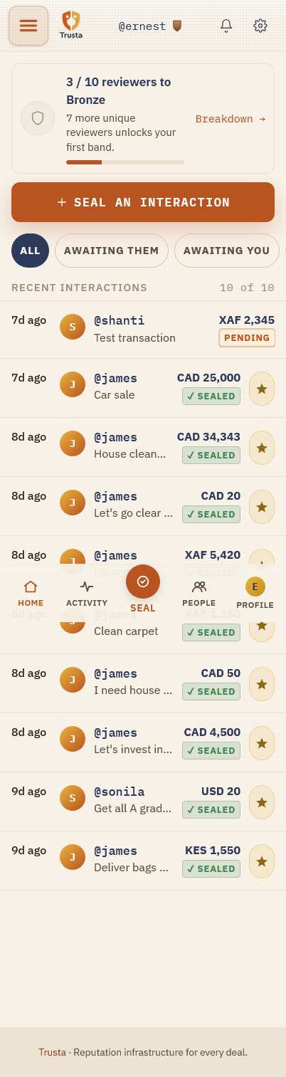 Trusta home screen with recent interactions