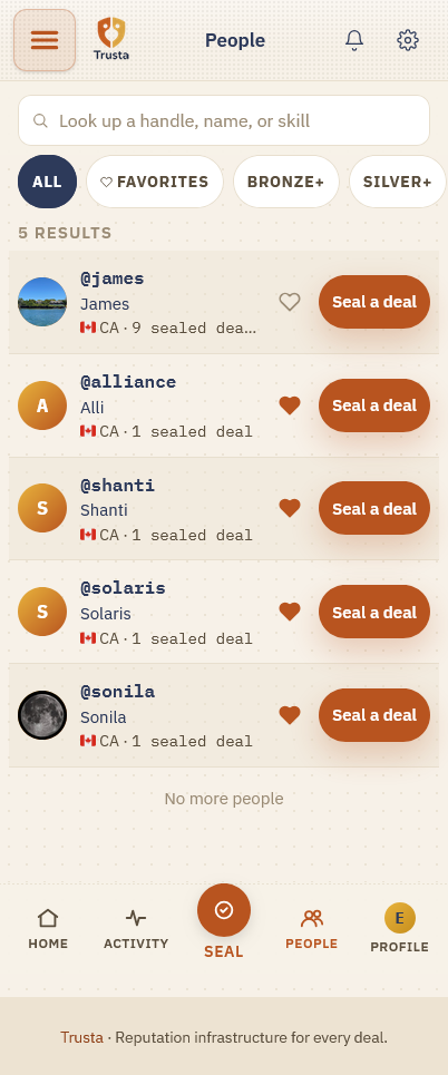 Trusta people screen — the circle you trust